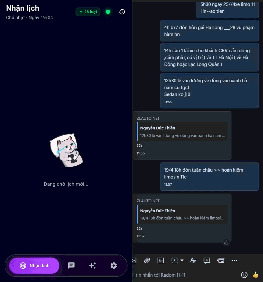Video demo tốc độ nhận lịch thực tế của AutoZ PRO MAX — từ lúc tin Zalo tới đến khi tap Nhận cuốc chỉ 0.5 giây