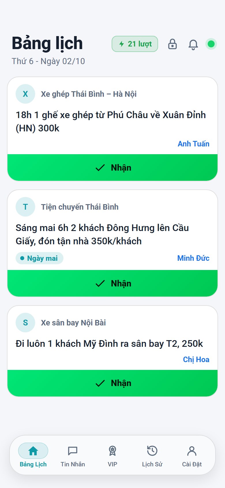 Giao diện Z-Driver — màn Bảng lịch với các lịch mới và nút Nhận
